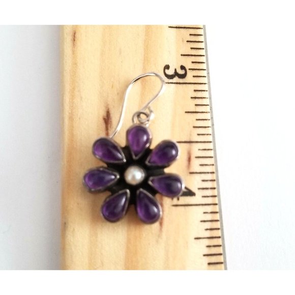 Beautiful Artisan Made Sterling Silver Amethyst & Pearl Floral Earrings JS 55 - Picture 2 of 3